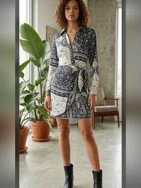 Guess High-Rise Black & White Printed Wrap Dress